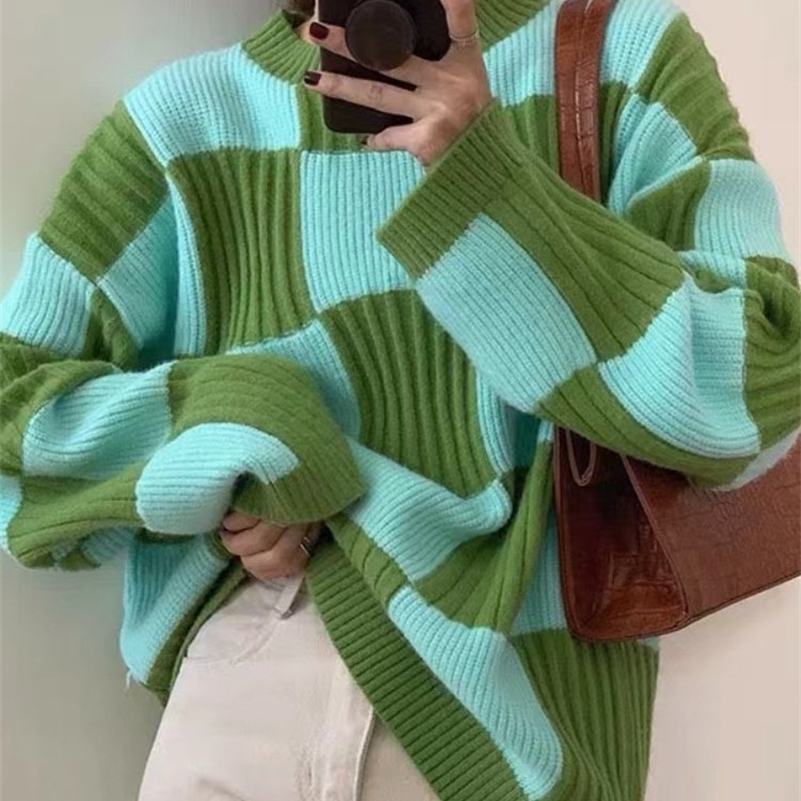 Women's Sweaters LAISIYI Thick Women Pullovers Y2k Clothes Autumn Winter Checkerboard Loose Long Sleeve Knitted Sweater Jumpers ladies 221007