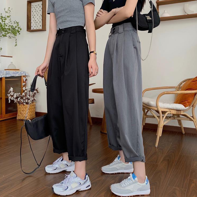 Womens Pants Capris Fashion Loose Streetwear Women Wide Leg Pants Summer Elastic High Waist Suit Pants Retro Solid Black Female Trousers S 4XL 221007