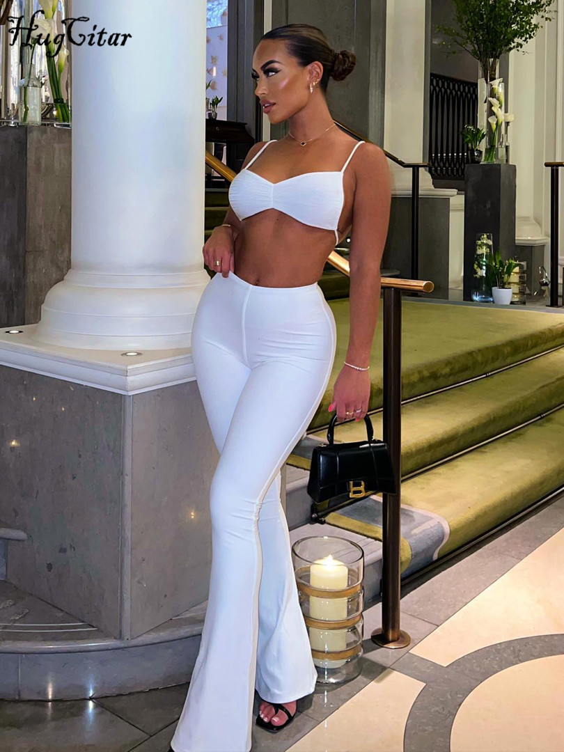 Women's Two Piece Pants Hugcitar Stripe Ribbed Women 2 Piece Set Lace Up Ruched Camis Crop Top Bell Flare Pants Suit Matching Outfits Sportswear 