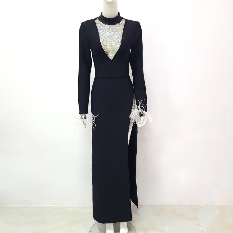ostrich women lady black maxi long dresses style design long sleeve spring autumn outfits dress YS5223