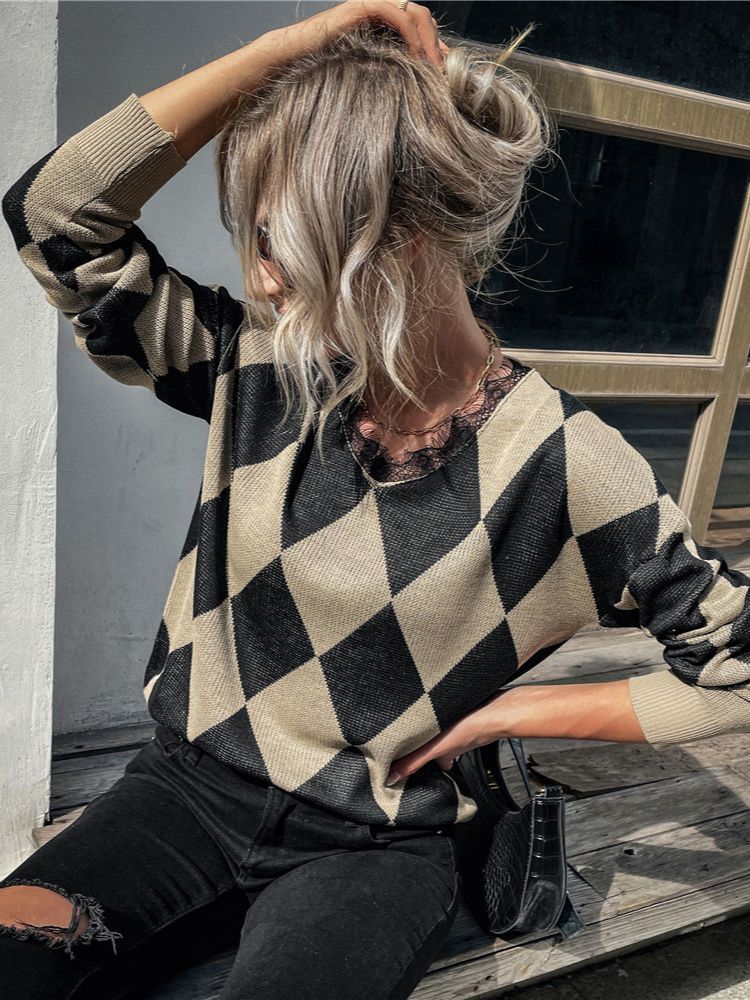 Women's Knits Tees Ladies Sexy Argyle Autumn Winter Sweater Women Pullover Tops Long Sleeve Casual Streetwear Knitted Jumpers Women Sweater Femal