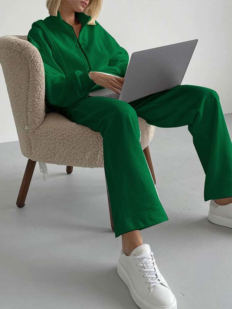 Women's Two Piece Pants Solid Half-Zipper Collar Loose Two-Piece Sets Women Casual Matching Sets Autumn Winter Female Pullovers and Wide-leg Pant