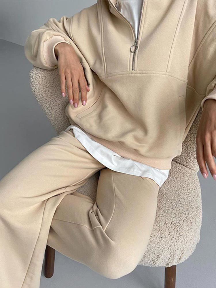 Women's Two Piece Pants Solid Half-Zipper Collar Loose Two-Piece Sets Women Casual Matching Sets Autumn Winter Female Pullovers and Wide-leg Pant