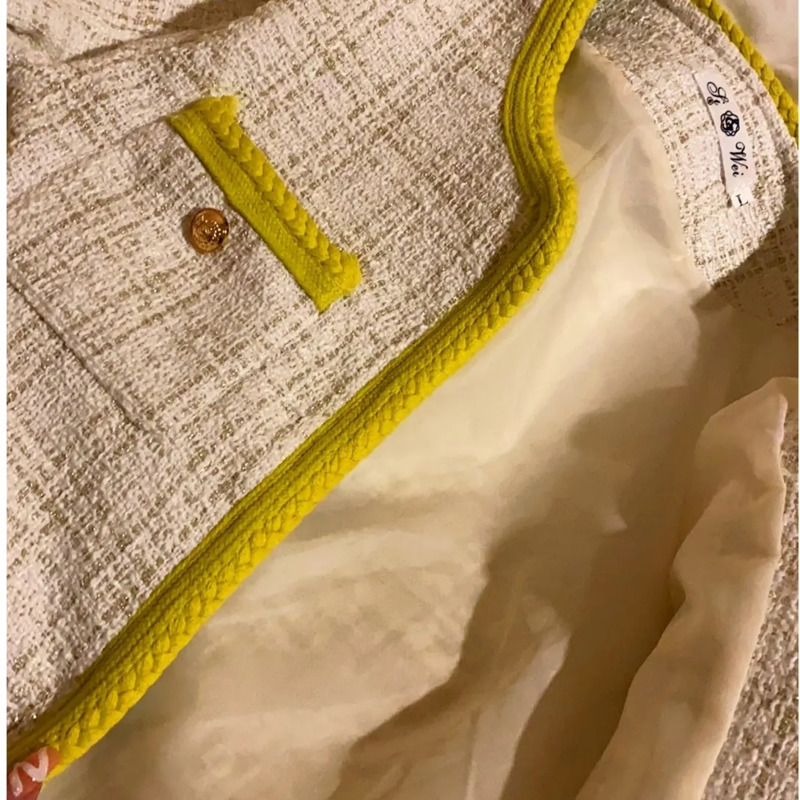 Women's Vintage Tweed Jacket - Yellow Plaid Overcoat With Pockets, Long Sleeve, Spring/Autumn Fashion B2