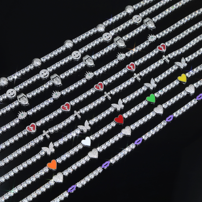 Iced Out Bg 5mm Cubic Zirconia Tennis Chain Necklace with Colorful Enamel Heart Lip Charm for Men and Women