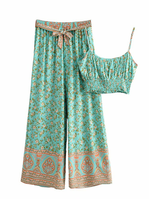 Women's Two Piece Pants Vintage Chic Women Floral Print Outfits Strap Sleeveless Tops Bohemian Suits Drawstring Pants 2 Pieces Rayon Cotton Boho 