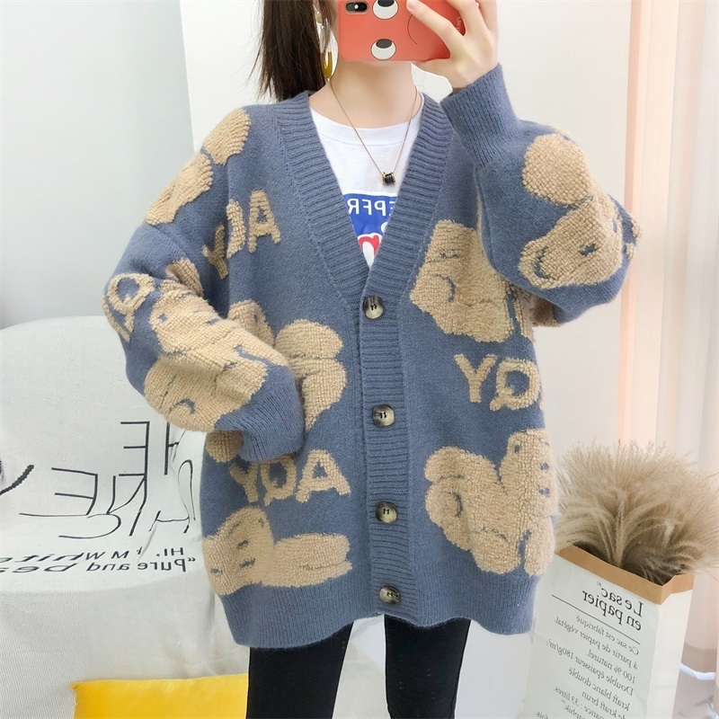 Women's Knits Tees Autumn Winter Knitted Female Cardigan Loose Streetwear Knit Sweater Coat Cute Cartoon Print VNeck Cardigan Women Jacket 221007