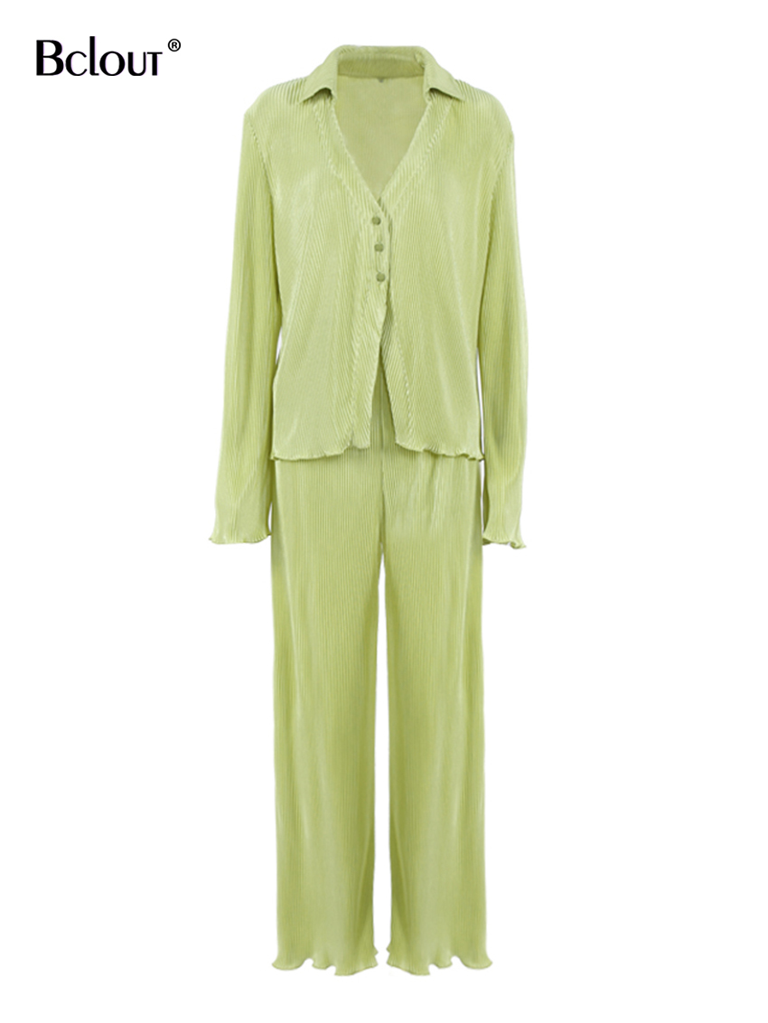 Women's Two Piece Pants Bclout Autumn Green Pants Suits Woman Flare Sleeve Fashion Loose Shirts Pleated Pants Set Two Pieces Fashion Womens Outfi