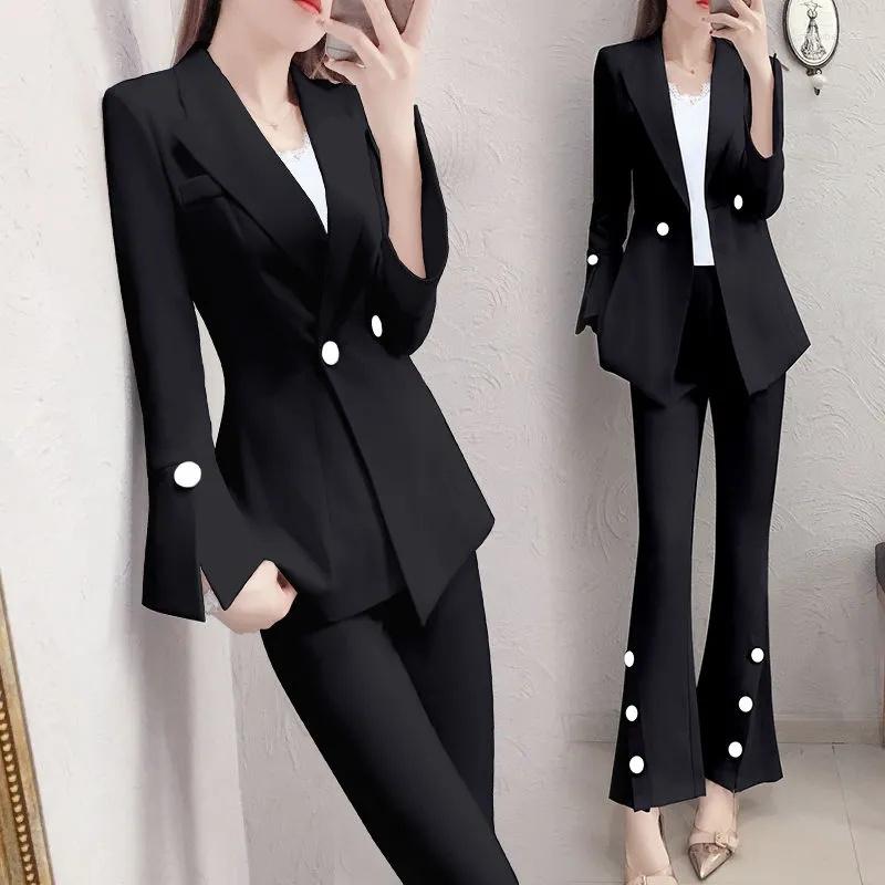 Women' Two Piece Pants Flared Suit Ladies Female 2022 Autumn Fashion Temperament British Style Black Blazer Two-Piece Femme Sets
Women' Two Piece Pants Flared Suit Ladies Female 2022 Autumn Fashion Temperament British Style Black Blazer Two-Piece Femme Sets