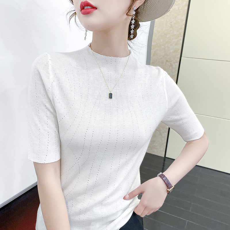 Women's Knits Tees Women Spring Summer Shortsleeved Halfhigh Collar Sweater Soft Wool Blend Sequin Pullover Tshirt Knitted Base Casual Sweater 22