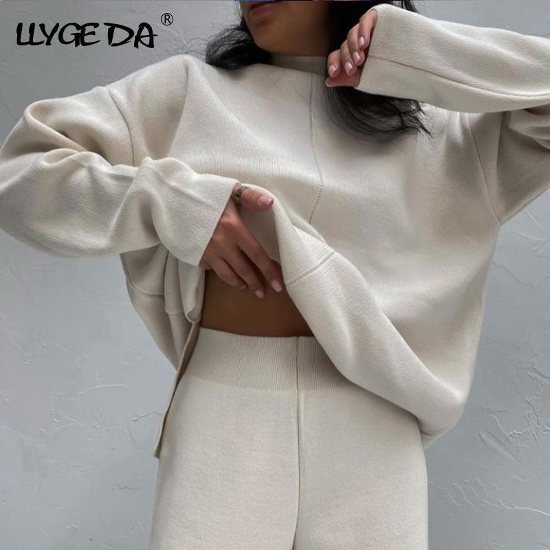 Women's Two Piece Pants Knitted Women's Trousers Suit Two Piece Set Green Winter Loose Long Sleeve Knitwear Flare Pants Sets Female Casual S