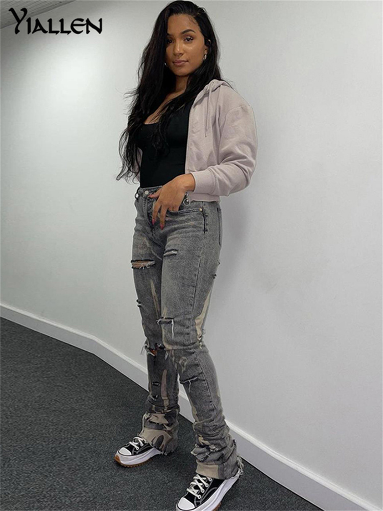 Women's Jeans Yiallen Cotton Hole Trend Y2K Woman Pants Chic Print Stacked Indie Denim Skinny Elastic Slim Casual Streetwear Trousers 221007