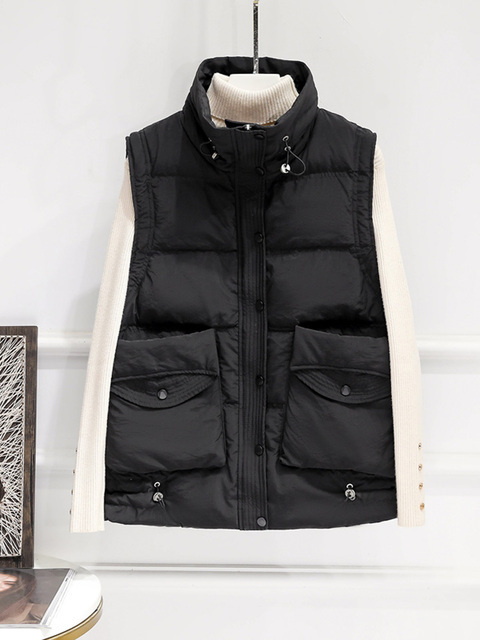 Women's Vests Janveny Winter Autumn Women Down Vest Black Stand Collar Windproof Gilet Sleeveless Puffer Feather Parka 90 Duck Down Waistcoat 221