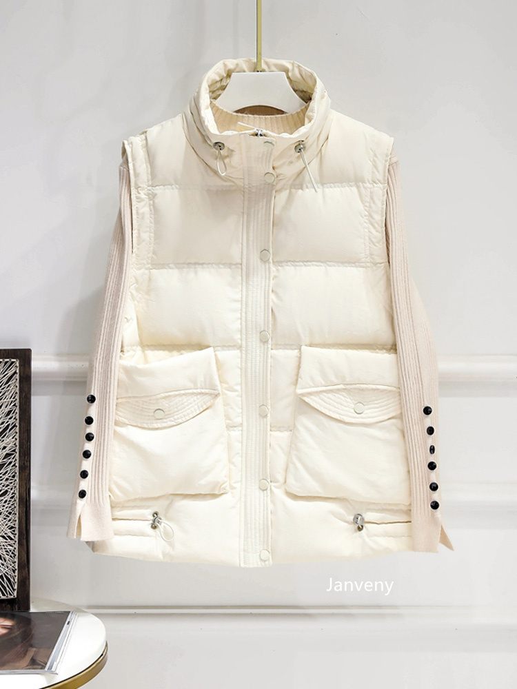 Women's Vests Janveny Winter Autumn Women Down Vest Black Stand Collar Windproof Gilet Sleeveless Puffer Feather Parka 90 Duck Down Waistcoat 221
