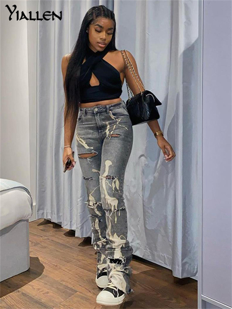 Women's Jeans Yiallen Cotton Hole Trend Y2K Woman Pants Chic Print Stacked Indie Denim Skinny Elastic Slim Casual Streetwear Trousers 221007