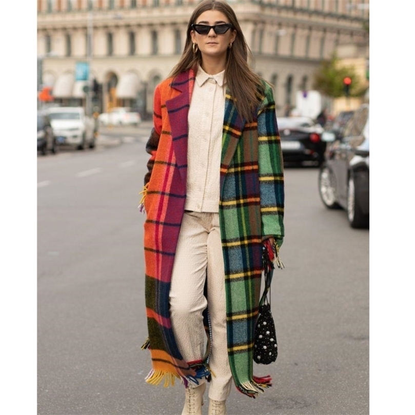 Womens Wool Blends Plaid Coat Women Autumn Artificial Woollen Fabric Contrast Color Long Jacket Hooded Fashion Streetwear Overcoat 221007