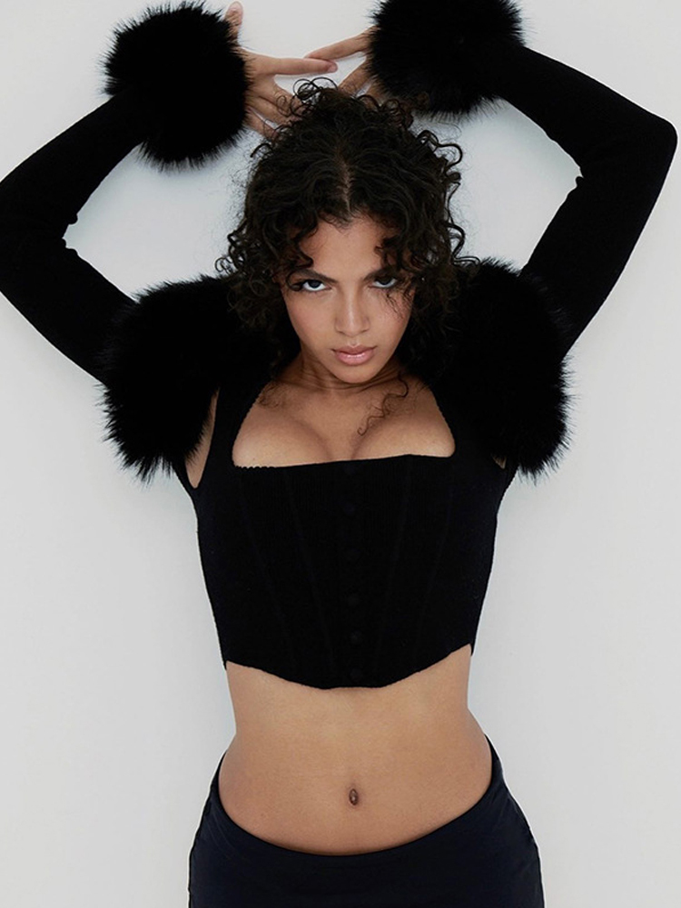 Women's Knits Tees Fashion Long Sleeve Fur Collar Knitted Crop Tops Women Elegant Sexy Black Coat Autumn Winter Jacket Woman Clothes 221007