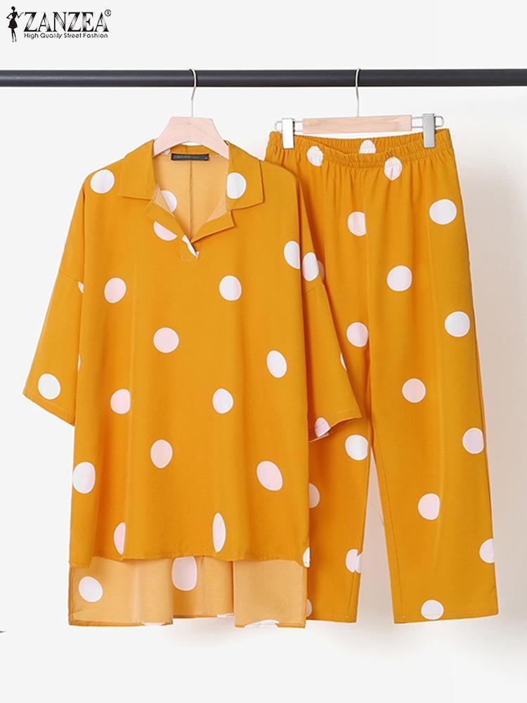 Women's Two Piece Pants ZANZEA Bohemian Summer Polka Dots Printed Holiday Matching Sets Long Sleeve O-Neck High Low Blouse Femme Fashion Casual P