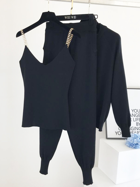 Women's Two Piece Pants Woman Jacket Fashion Women'S Suit Autumn Sweet Temperament Chain Vest Knitted Casual Jacket Three-Piece Elastic Pant