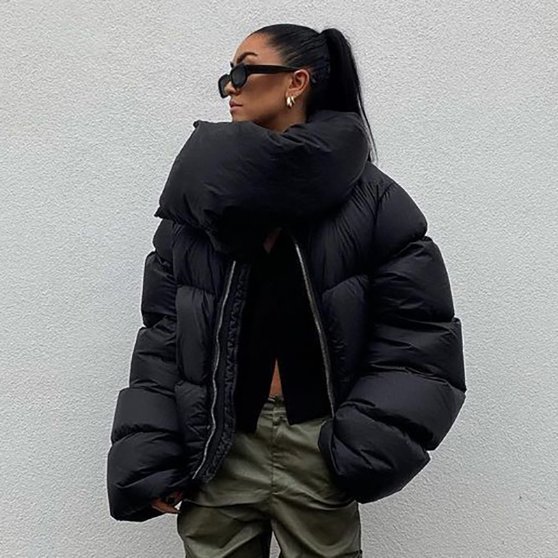 Women's Down Parkas Winter Oversized Black Bubble Coats Women Fashion Zipper Scarf Collar Puffer Short Jackets High Street Outwear Casual Parka 2