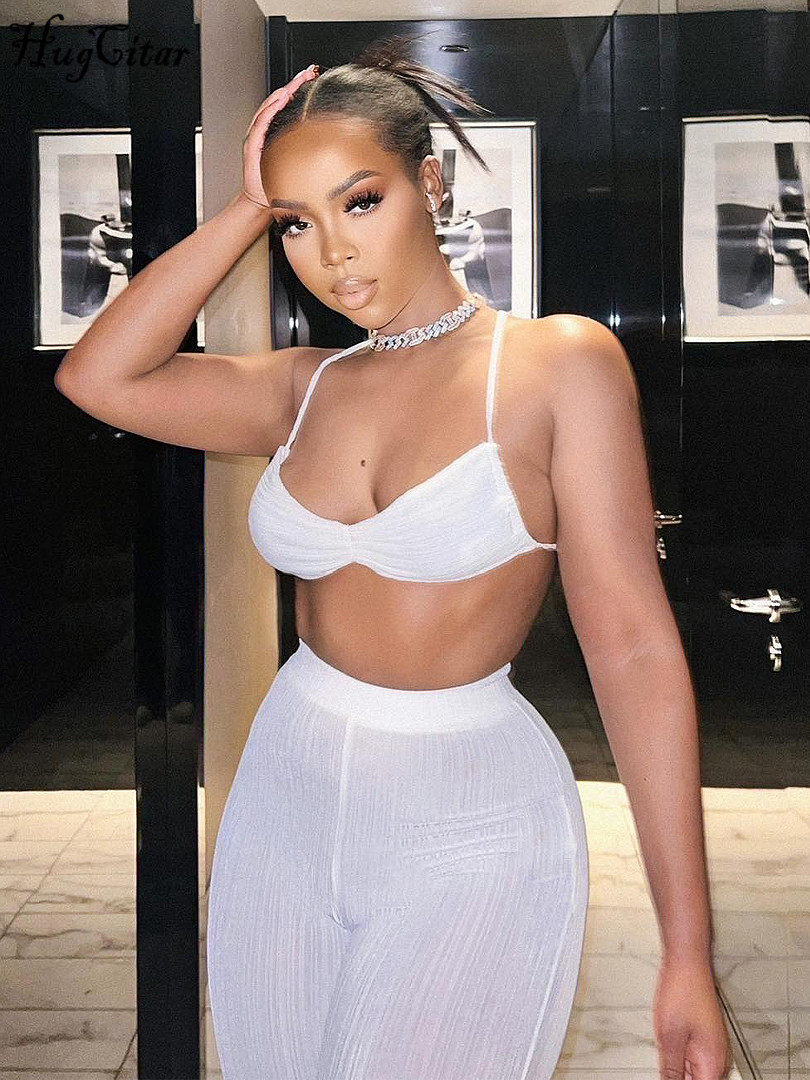 Women's Two Piece Pants Hugcitar Stripe Ribbed Women 2 Piece Set Lace Up Ruched Camis Crop Top Bell Flare Pants Suit Matching Outfits Sportswear 
