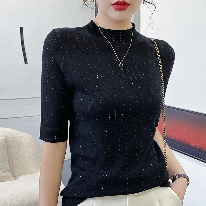 Women's Knits Tees Women Spring Summer Shortsleeved Halfhigh Collar Sweater Soft Wool Blend Sequin Pullover Tshirt Knitted Base Casual Sweater 22