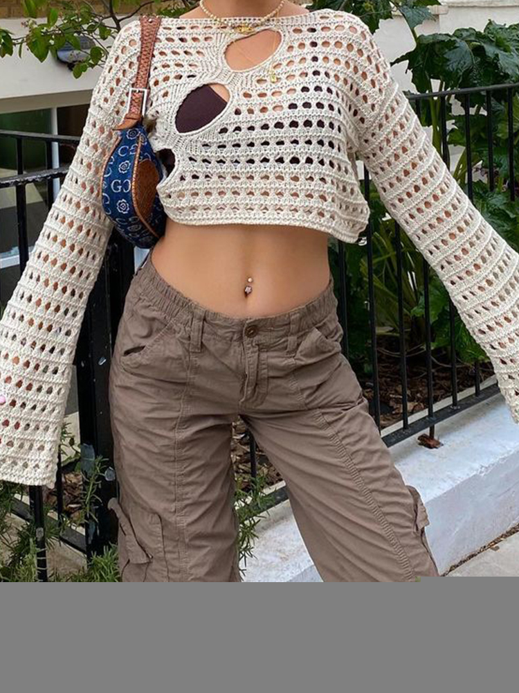 Women's Sweaters Cuteandpsycho Y2K Hollow Out Cropped Knit Smock Top Vintage Loose Distressed Crochet Pullovers Casual Fairycore Chic Crop Cloth 