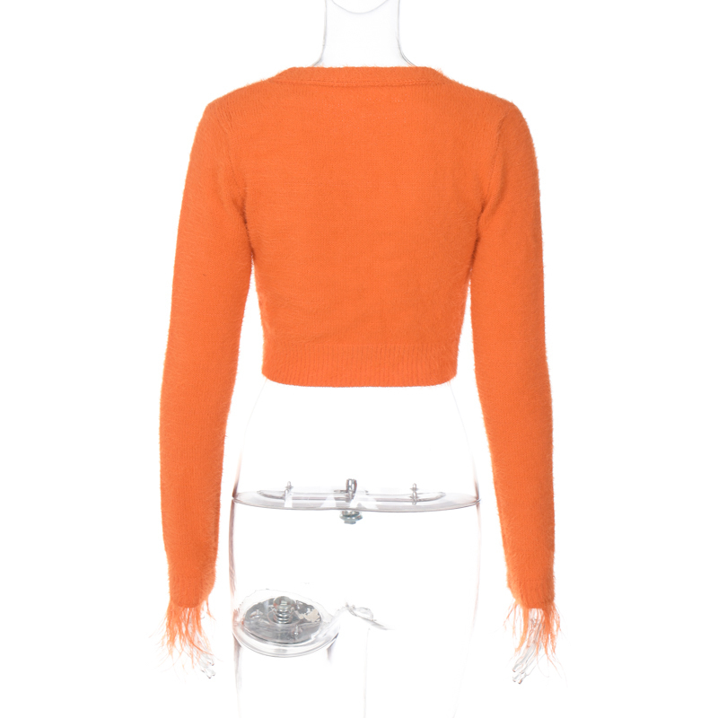 Women's Knits Tees Hugcitar Orange Long Sleeve Feather Knit Buttons Cardigan Sexy Crop Top Sweater Autumn Women Korean Party Y2K Halloween Clothe