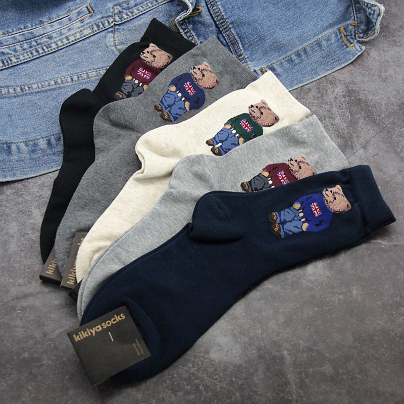 Mens Socks 5 Pairs Bear Mens Socks Cotton Cartoon Gentleman Harajuku Skateboard Socks Winter Warm Novelty Breathable Sox Christmas Gift 221007