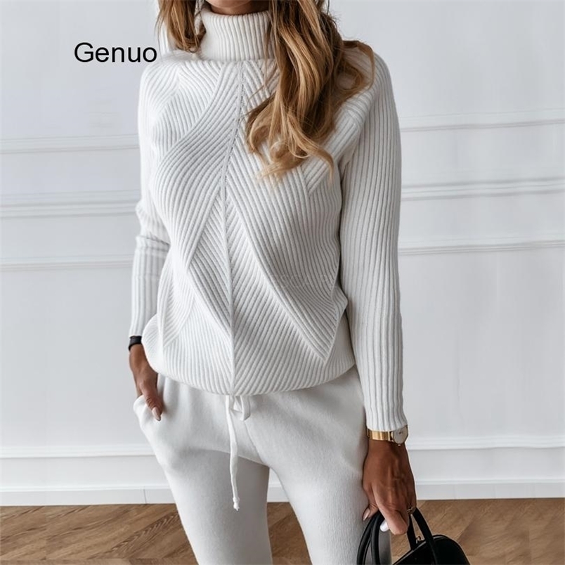 Women's Two Piece Pants Autumn Winter Women's Tracksuit Solid Color Striped Turtleneck Sweater and Elastic Trousers Suits Knitted Two Piece 