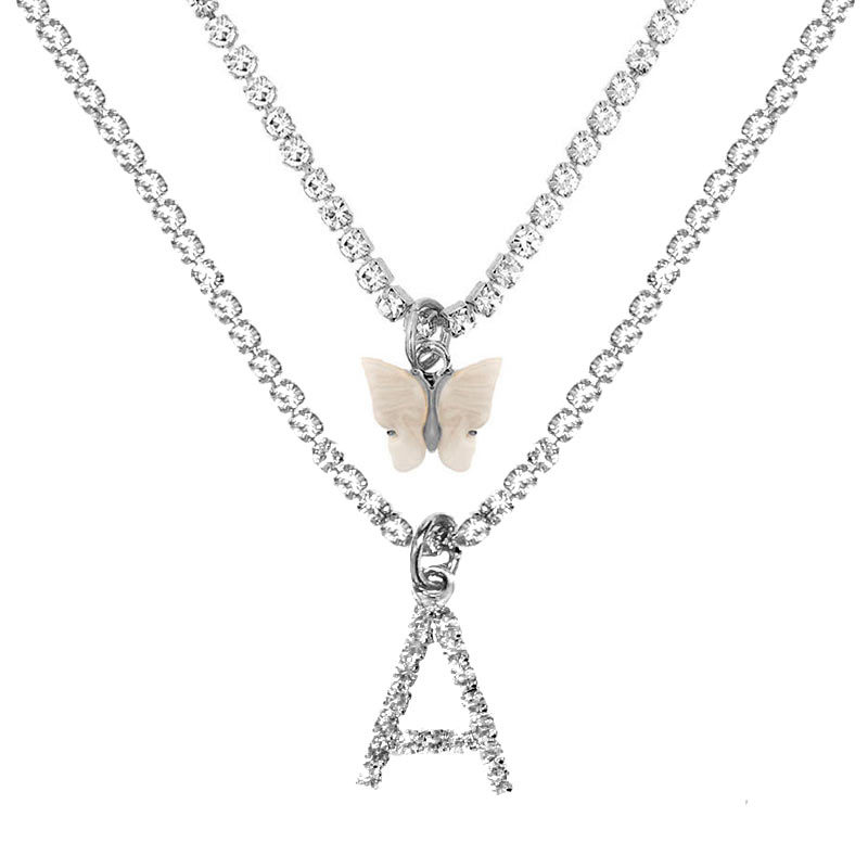 Multilayer Butterfly Pendant Necklace Women Silver Color 26 Initials Letters Crystal Chain Necklace Collar Jewelry