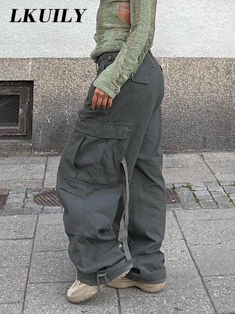 Womens Pants Capris Vintage Cargo Pants Baggy Jeans Women Fashion 90s Streetwear Pockets Overalls ArmyGreen High Waist Loose Y2k Denim Trousers 221007