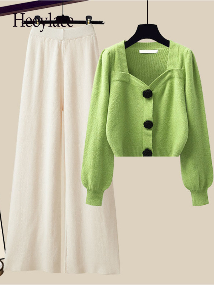 Piece Winter Knit Womens Outfits French Vintage Square Collar Knitted Sweater And Wide Leg Pants Two Pieces Office Lady Sets 221007