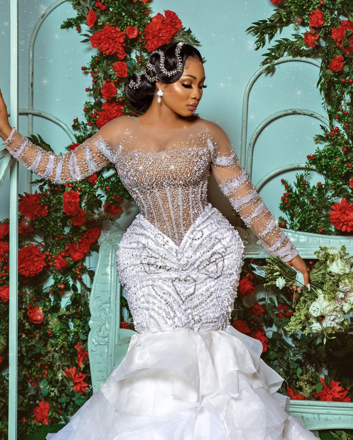 Plus Size Mermaid Wedding Dresses Sheer Neck Bridal Gown Custom Made Pearls Jewel Beads Tiered Ruffles Wedding Gowns