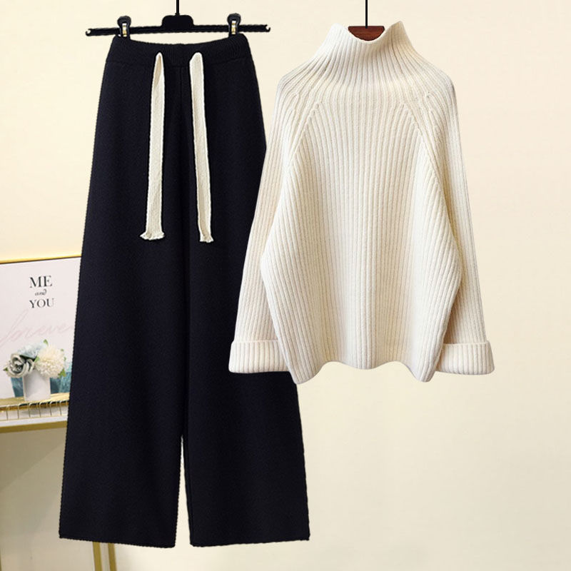Womens Two Piece Pants Autumn Winter Women Knitted Set Turtleneck Long Sleeve Solid Pullover Sweater Casual Wide Leg Pant Outerwear Tracksuit 2 Pcs Se