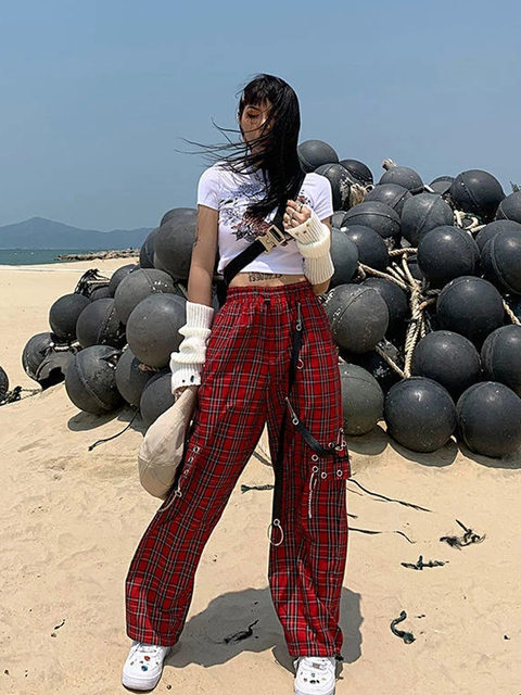 Womens Pants Capris HOUZHOU Punk Cargo Plaid Pants Women Gothic Harajuku Red Checkered Wide Leg Trousers For Female Autumn Streetwear Hippie Fashion 2