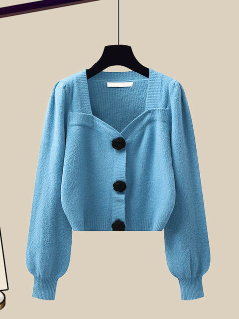 Piece Winter Knit Womens Outfits French Vintage Square Collar Knitted Sweater And Wide Leg Pants Two Pieces Office Lady Sets 221007