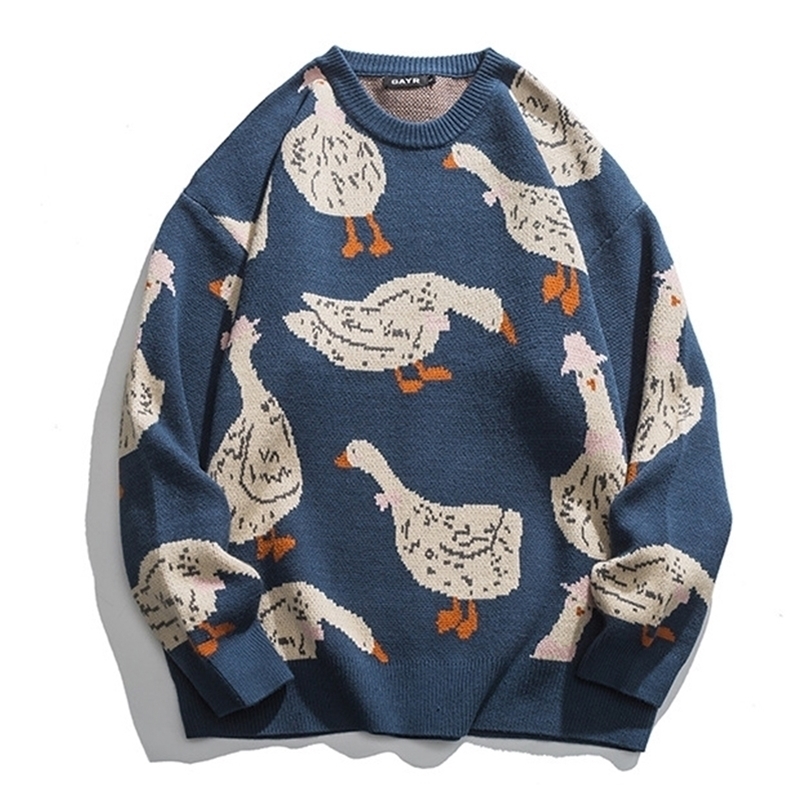 Men's Sweaters Japanese Knitted Sweater Men Cartoon Animal Duck Goose Print Pullover Harajuku Casual O-neck Oversize Top Streetwear Unisex Fall 2