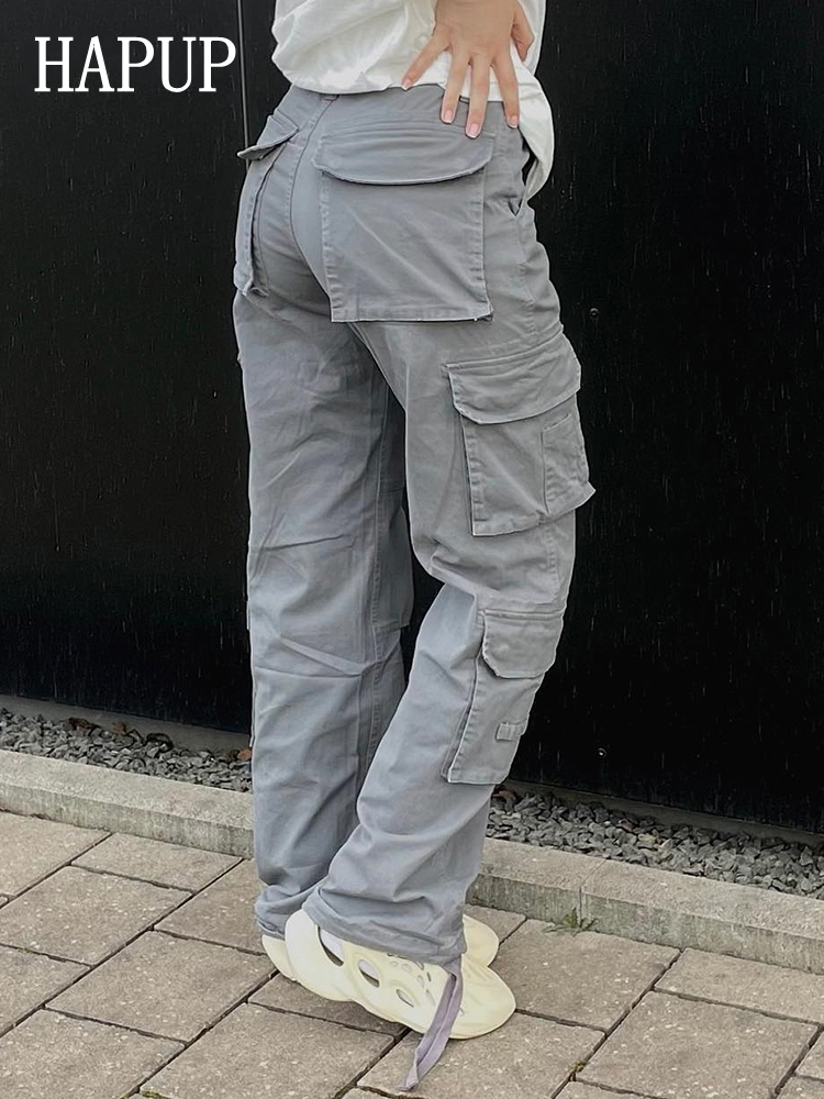 Womens Pants Capris Vintage Cargo Pants Baggy Jeans Women Fashion 90s Streetwear Pockets Wide Leg High Waist Straight Y2k Denim Trousers Overalls 2210