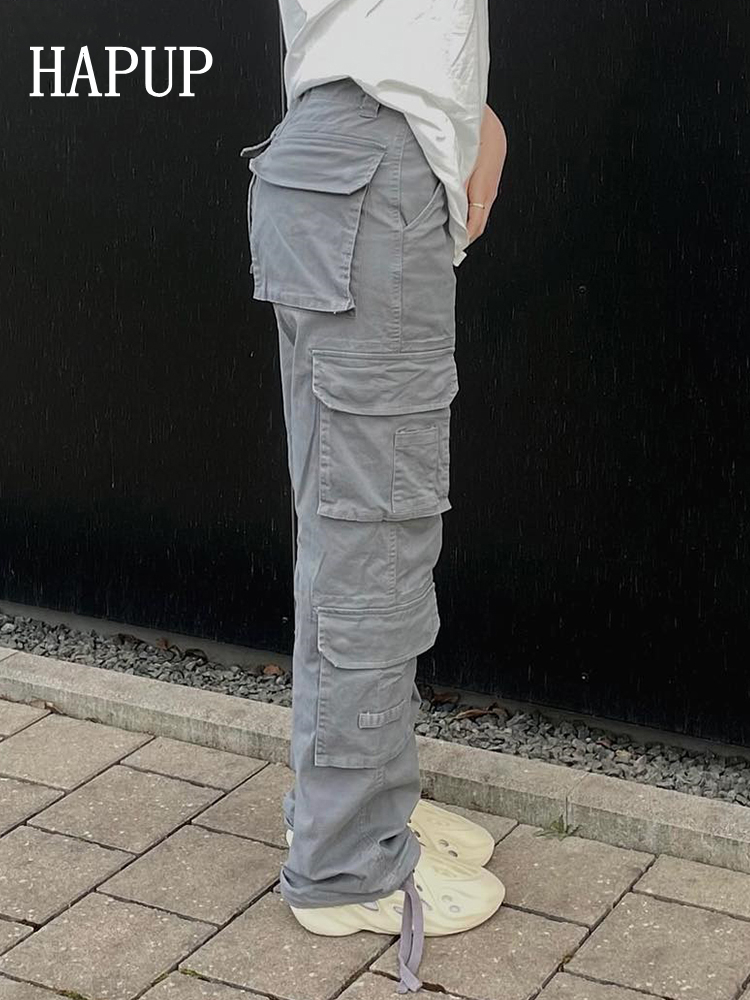 Womens Pants Capris Vintage Cargo Pants Baggy Jeans Women Fashion 90s Streetwear Pockets Wide Leg High Waist Straight Y2k Denim Trousers Overalls 2210