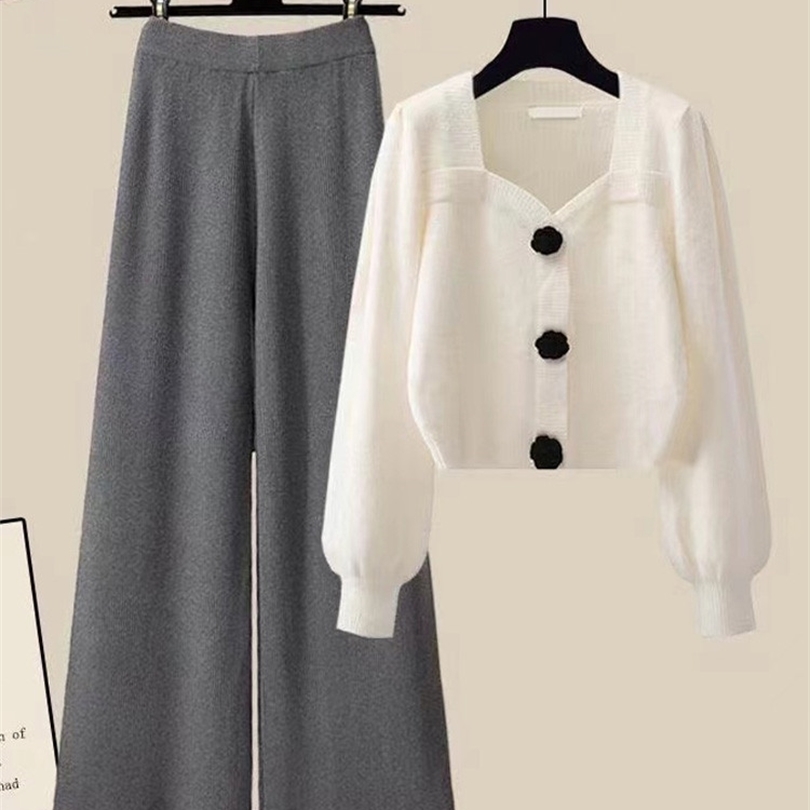 Piece Winter Knit Womens Outfits French Vintage Square Collar Knitted Sweater And Wide Leg Pants Two Pieces Office Lady Sets 221007