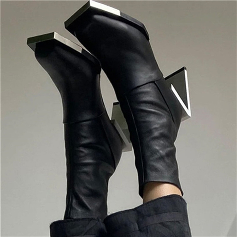 Boots Metal Strange 8CM High Heel Women Ankle Boots Genuine Leather Square Toe Botas Mujer Ladies Slim Fit Sock Boot Dress Shoes Woman 221007