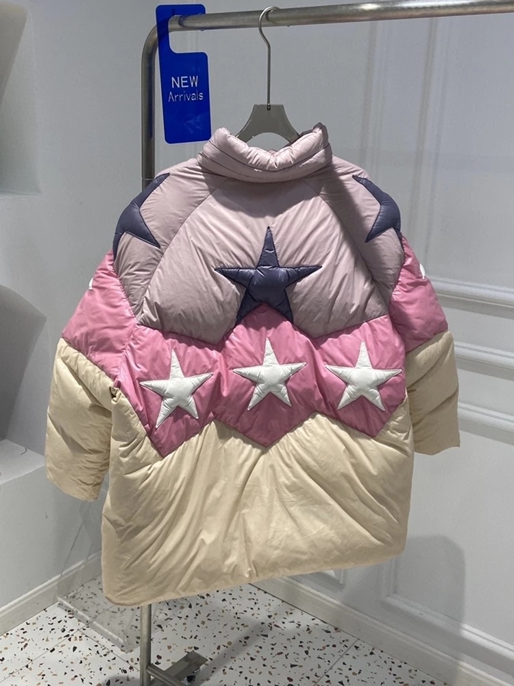 Womens Down Parkas Women Fashion Fivepointed Star Pattern Down Jacket Zipper up Hidden Hooded Oversize Puffer Coats Casual Female Winter Parkas 221007