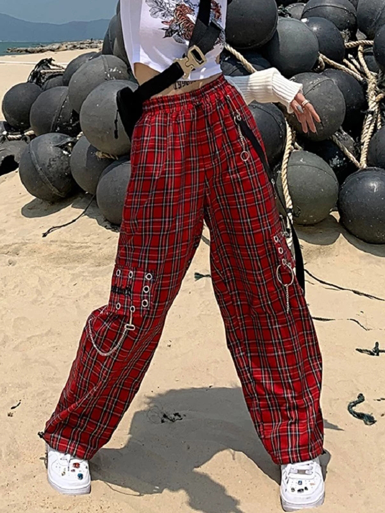 Womens Pants Capris HOUZHOU Punk Cargo Plaid Pants Women Gothic Harajuku Red Checkered Wide Leg Trousers For Female Autumn Streetwear Hippie Fashion 2