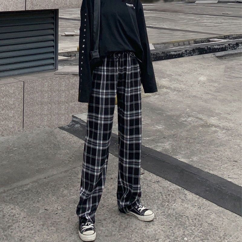 Womens Pants Capris Vintage Plaid Women Pants High Waist Wide Leg Straight Pant Loose Casual Female Trousers Wide Leg Pant Fashion Streetwear 221007