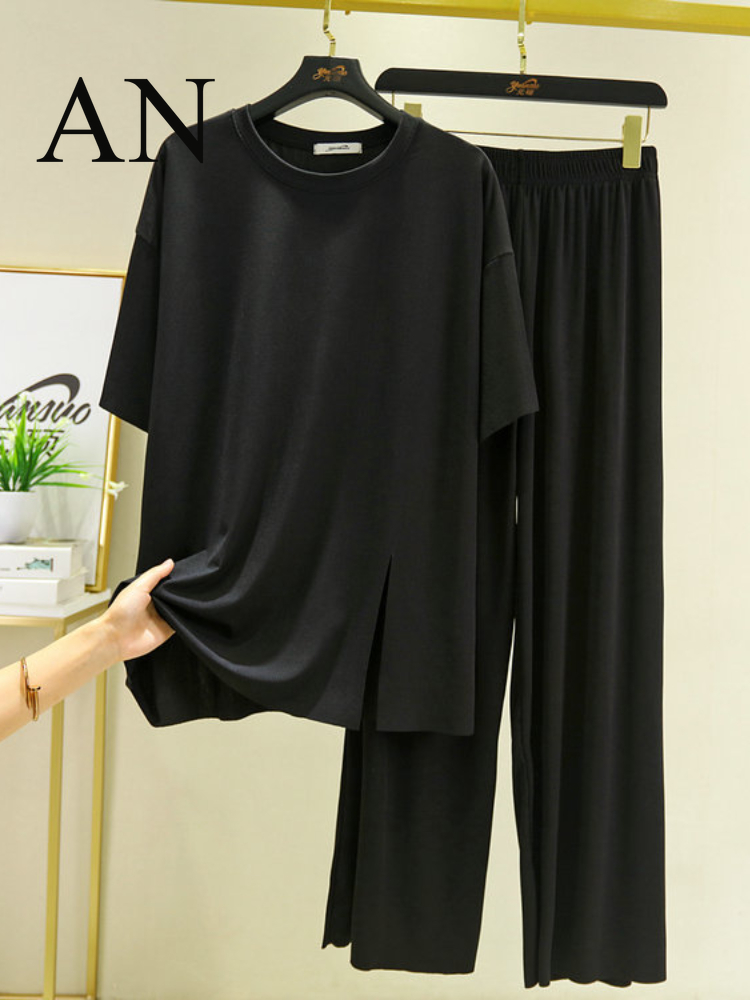 Women's Two Piece Pants Big Code Loose Summer Women's Ice Thread Mask Short Sleeves Split Pajamas Pyjamas Home Clothes women Sweat Suit Set 