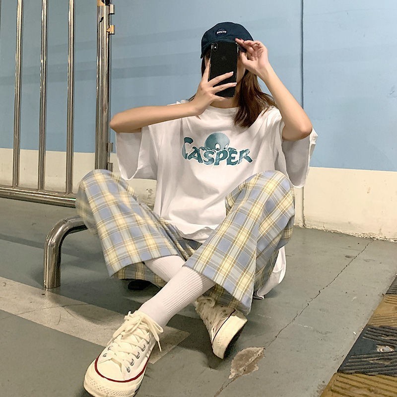 Womens Pants Capris Vintage Plaid Women Pants High Waist Wide Leg Straight Pant Loose Casual Female Trousers Wide Leg Pant Fashion Streetwear 221007