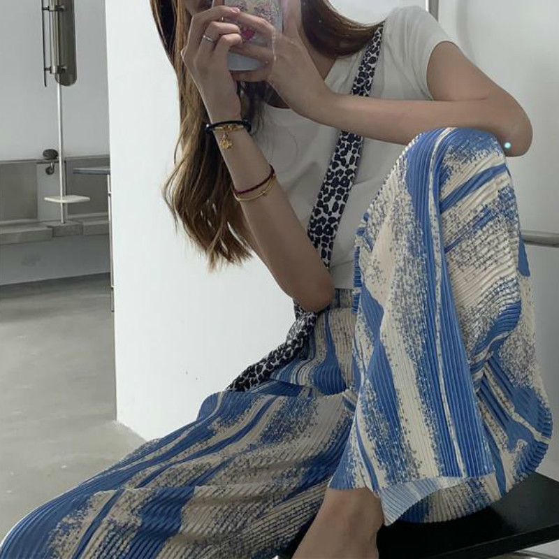 Womens Pants Capris Full Length Pants Women Trendy Pleated Summer Soft High Waisted Allmatch Chic Ladies Trousers Vintage Print Leisure Womens Pant 22