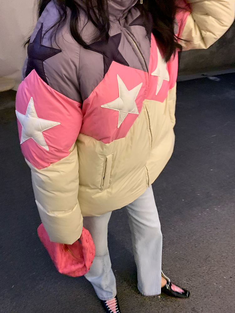 Womens Down Parkas Women Fashion Fivepointed Star Pattern Down Jacket Zipper up Hidden Hooded Oversize Puffer Coats Casual Female Winter Parkas 221007