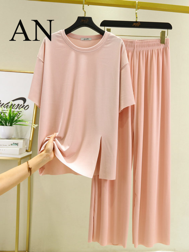 Women's Two Piece Pants Big Code Loose Summer Women's Ice Thread Mask Short Sleeves Split Pajamas Pyjamas Home Clothes women Sweat Suit Set 